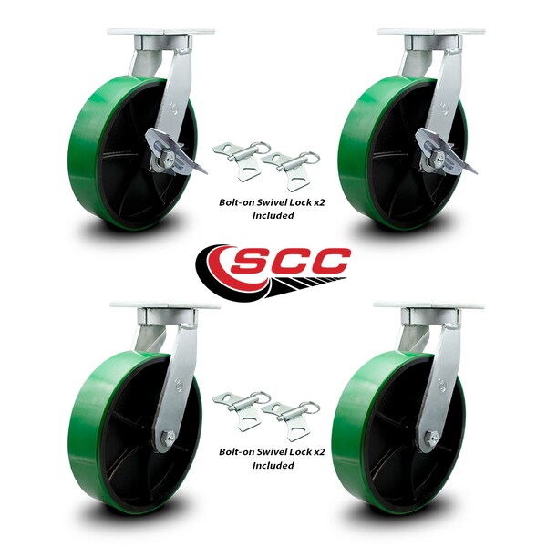 Service Caster 12 Inch Heavy Duty Green Poly on Cast Iron Caster Swivel Locks 2 Brakes, 4PK SCC-KP92S1230-PUR-GB-SLB-BSL-2-BSL-2 - main